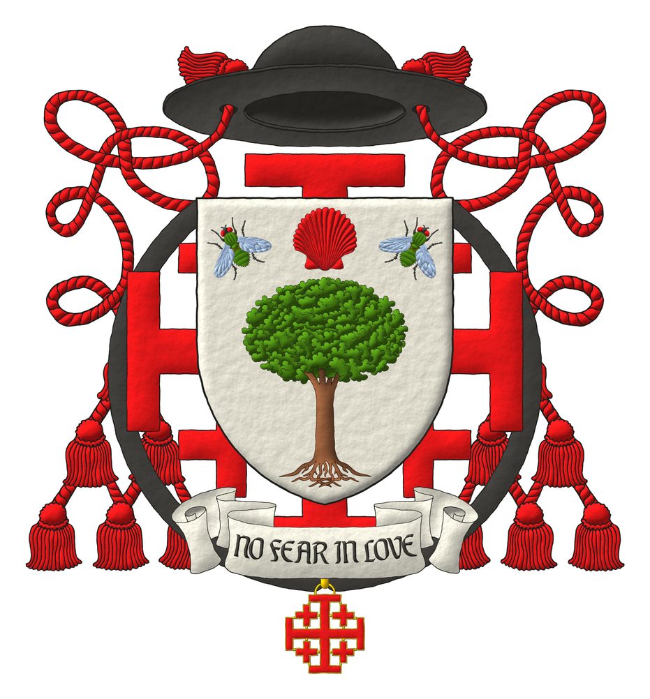 Argent, a tree eradicated proper, in chief an escallop reversed Gules, between two flies pilewise proper. Crest: A galero Sable with two cords, one on each side, each with six tassels Gules. Motto: No Fear In Love. Behind the shield, the cross of the Holy Sepulchre of Jerusalem. The shield is surrounded by the cross of a Knight Commander of the Holy Sepulchre of Jerusalem.