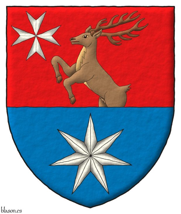 Escudo cortado: 1o de Gules, un ciervo rampante, moviente de la punta al natural, en la diestra del jefe, una cruz de Malta de plata; 2o de azur, una estrella de siete puntas de plata.