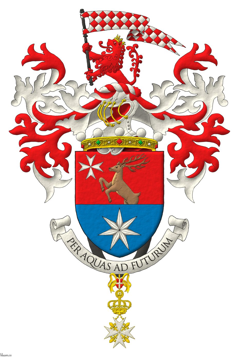 Escudo cortado: 1o de Gules, un ciervo rampante, moviente de la punta al natural, en la diestra del jefe, una cruz de Malta de plata; 2o de azur, una estrella de siete puntas de plata. Timbrado de un yelmo acorde a su rango saliente de una corona de noble sumada al escudo y adornado de dos lambrequines de gules doblados de plata, un burelete de plata y gules, cimado de un len saliente de gules, teniendo en sus patas un gallarde losanjado de gules y plata, fustado de sable. Lema: Per Aquas Ad Futurum. Pendiente de la punta, la cruz de caballero de gracia magistral de la Soberana y Militar Orden Hospitalaria de San Juan de Jerusaln de Rodas y de Malta.