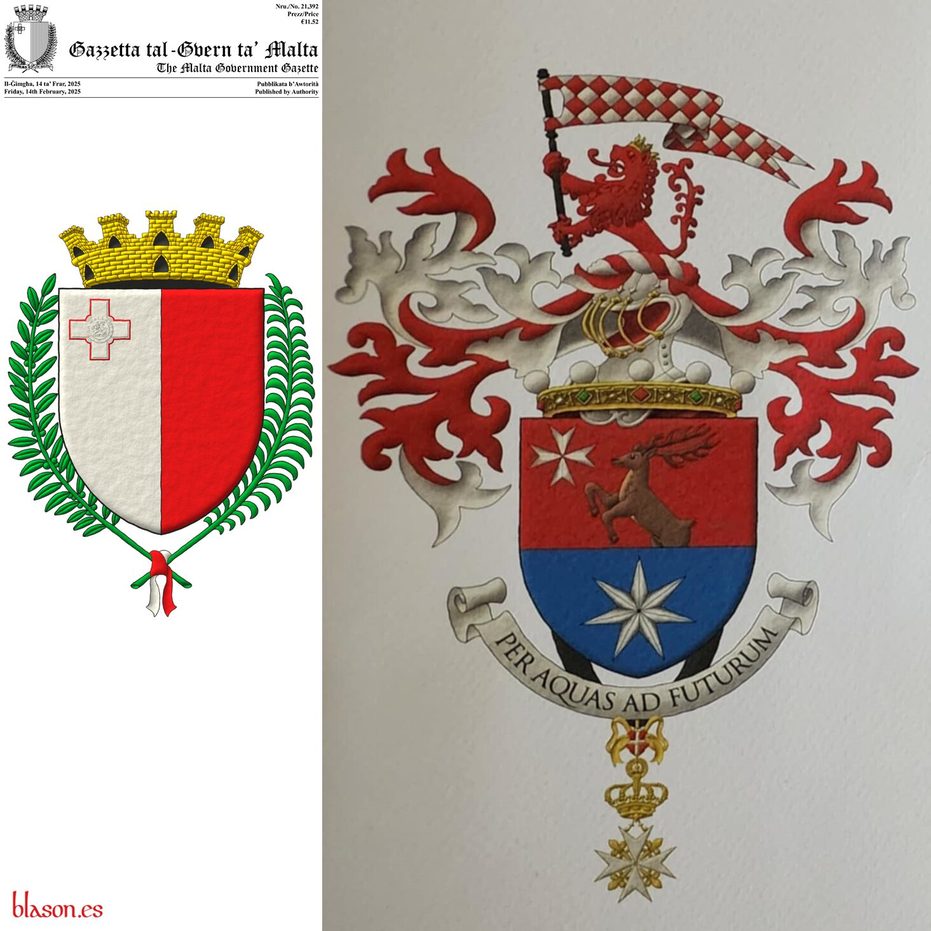 Escudo cortado: 1o de Gules, un ciervo rampante, moviente de la punta al natural, en la diestra del jefe, una cruz de Malta de plata; 2o de azur, una estrella de siete puntas de plata. Timbrado de un yelmo acorde a su rango saliente de una corona de noble sumada al escudo y adornado de dos lambrequines de gules doblados de plata, un burelete de plata y gules, cimado de un len saliente de gules, teniendo en sus patas un gallarde losanjado de gules y plata, fustado de sable. Lema: Per Aquas Ad Futurum. Pendiente de la punta, la cruz de caballero de gracia magistral de la Soberana y Militar Orden Hospitalaria de San Juan de Jerusaln de Rodas y de Malta.