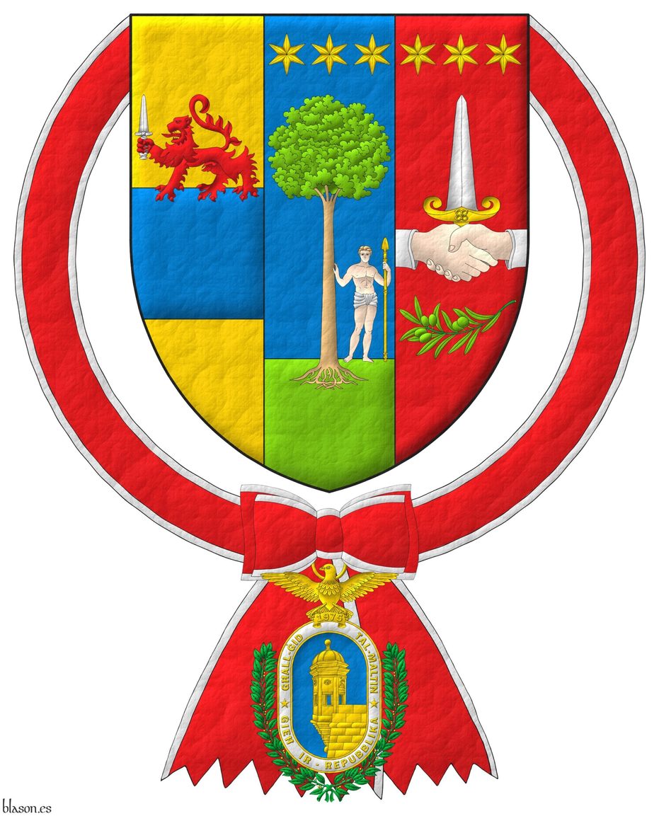 Tierced per pale: 1 Or, upon a fess Azure a lion passant Gules holding a sword point upwards Argent [for Spiteri]; 2 Azure, upon a base Vert a tree eradicated proper, supported at sinister by a man proper wearing a loincloth Argent and holding in his sinister a spear point upwards Or and in chief three mullets of six points in fess Or [for Debono], 3 Gules, two hands clasped throughout proper, vested Argent, holding a dagger point upwards Argent, hilted Or, in chief three mullets of six points in fess Or and in base a sprig of olive fesswise proper [for Zammit]. The shield is surrounded by the Xirka Gieh ir-Repubblika, as Head of Orden.