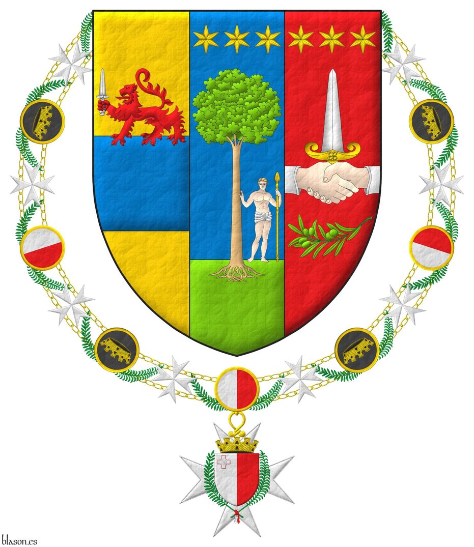 Tierced per pale: 1 Or, upon a fess Azure a lion passant Gules holding a sword point upwards Argent [for Spiteri]; 2 Azure, upon a base Vert a tree eradicated proper, supported at sinister by a man proper wearing a loincloth Argent and holding in his sinister a spear point upwards Or and in chief three mullets of six points in fess Or [for Debono], 3 Gules, two hands clasped throughout proper, vested Argent, holding a dagger point upwards Argent, hilted Or, in chief three mullets of six points in fess Or and in base a sprig of olive fesswise proper [for Zammit]. The shield is surrounded by the Grand Collar of Malta's National Order of Merit, as Head of the Order.