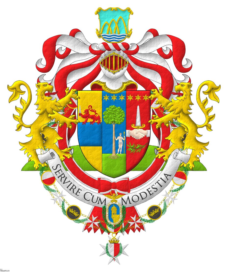 Tierced per pale: 1 Or, upon a fess Azure a lion passant Gules holding a sword point upwards Argent [for Spiteri]; 2 Azure, upon a base Vert a tree eradicated proper, supported at sinister by a man proper wearing a loincloth Argent and holding in his sinister a spear point upwards Or and in chief three mullets of six points in fess Or [for Debono], 3 Gules, two hands clasped throughout proper, vested Argent, holding a dagger point upwards Argent, hilted Or, in chief three mullets of six points in fess Or and in base a sprig of olive fesswise proper [for Zammit]. Crest: Upon a helm, befitting her degree as President of Malta, with a wreath Or and Gules, an escutcheon Bleu celeste, issuant from a base wavy Argent, charged with three bars wavy Azure, three arches interlaced in fess Or. Mantling: Gules doubled Argent. Supporters: Two lions rampant Or, langued Gules, terraced by a mound Vert. Motto: Servire Cum Modestia. The shield is surrounded by the Xirka Gieh ir-Repubblika and the Grand Collar of Malta's National Order of Merit, as Head of both.