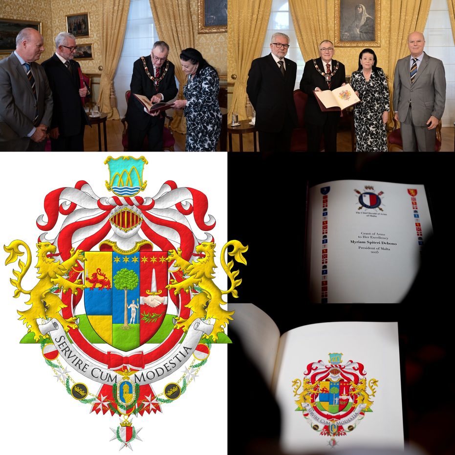 Terciado en palo: 1o de oro, una faja de azur cargada de un len pasante de gules teniendo una espada alzada de plata [de Spiteri]; 2o de azur, un rbol arrancado al natural, terrazado de sinople, soportado a la siniestra de un hombre al natural, vestido de un taparrabos de plata, teniendo en su siniestra una lanza alzada de oro, en jefe tres estrellas de seis puntas en faja de oro [de Debono]; 3o de gules, una alianza moviente de los flancos de carnacin, vestida de plata, teniendo una daga alzada de plata, guarnecida de oro, en jefe tres estrellas de seis puntas en faja de oro, en punta una ramita de olivo puesta en faja al natural [de Zammit]. Timbrado de un yelmo acorde con su rango como Presidenta de Malta, adornado de dos lambrequines de gules doblados de plata, un burelete de plata y gules, cimado de un escudete de celeste, una punta ondada de plata, cargada de tres burelas de azur, sosteniendo tres arcos entrelazados de oro. Por soportes, dos leones rampantes de oro, lampasados de gules, terrazados de un monte de sinople. Lema: Servire Cum Modestia. El escudo est rodeado de la Xirka Gieh ir-Repubblika y del Gran Collar de la Orden Nacional del Mrito de Malta, en su calidad de Jefa de ambas.