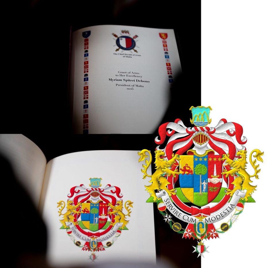 Terciado en palo: 1o de oro, una faja de azur cargada de un len pasante de gules teniendo una espada alzada de plata [de Spiteri]; 2o de azur, un rbol arrancado al natural, terrazado de sinople, soportado a la siniestra de un hombre al natural, vestido de un taparrabos de plata, teniendo en su siniestra una lanza alzada de oro, en jefe tres estrellas de seis puntas en faja de oro [de Debono]; 3o de gules, una alianza moviente de los flancos de carnacin, vestida de plata, teniendo una daga alzada de plata, guarnecida de oro, en jefe tres estrellas de seis puntas en faja de oro, en punta una ramita de olivo puesta en faja al natural [de Zammit]. Timbrado de un yelmo acorde con su rango como Presidenta de Malta, adornado de dos lambrequines de gules doblados de plata, un burelete de plata y gules, cimado de un escudete de celeste, una punta ondada de plata, cargada de tres burelas de azur, sosteniendo tres arcos entrelazados de oro. Por soportes, dos leones rampantes de oro, lampasados de gules, terrazados de un monte de sinople. Lema: Servire Cum Modestia. El escudo est rodeado de la Xirka Gieh ir-Repubblika y del Gran Collar de la Orden Nacional del Mrito de Malta, en su calidad de Jefa de ambas.