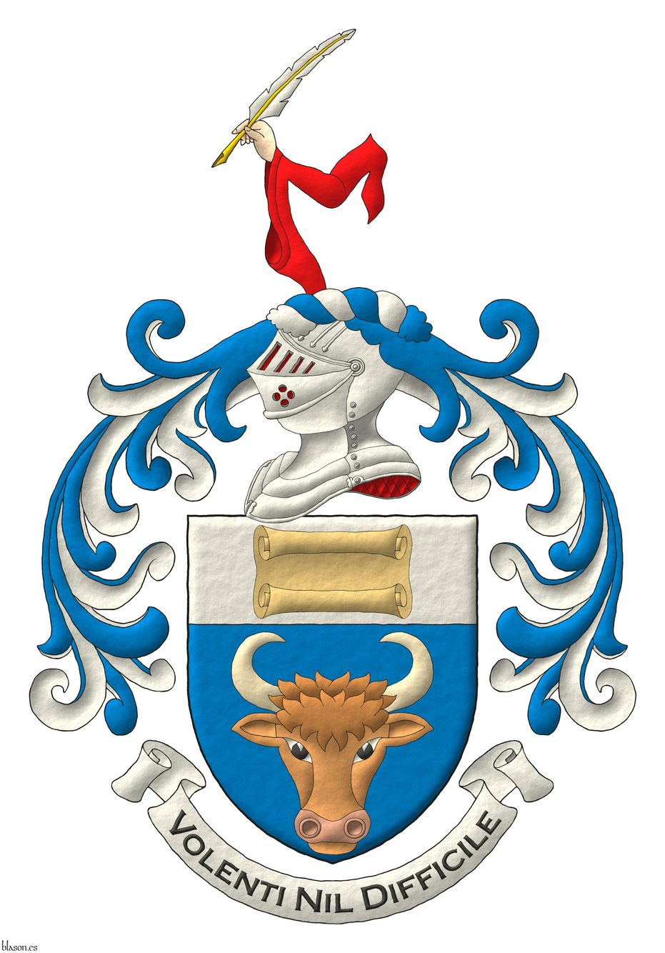 Escudo de azur, un rencuentro de vaca al natural; en un jefe de plata, un pergamino puesto en palo al natural. Timbrado de un yelmo acorde a su rango, adornado de lambrequines de azur doblados de plata, burelete de plata y azur, cimado de un brazo diestro curvado, vestido de una manga de gules, teniendo en la mano de carnaci�n, una pluma puesta en barra de plata, fustada de oro. Lema: �Volenti Nil Difficile�.