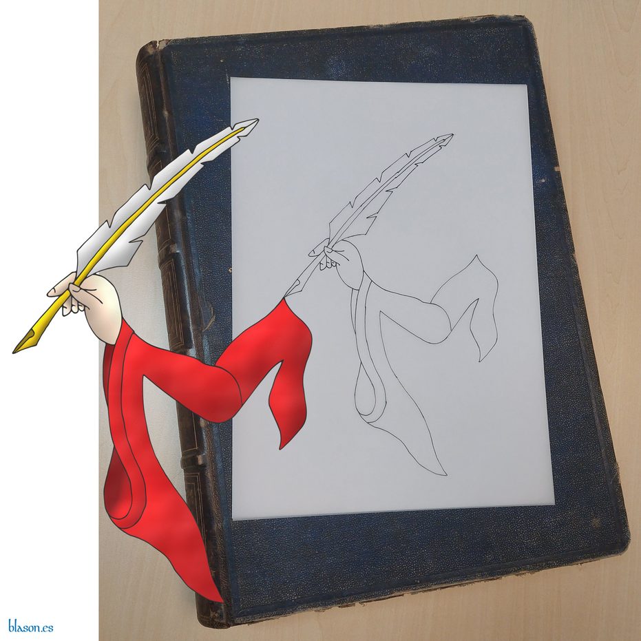 A dexter arm embowed, garbed in a maunch Gules, holding in its hand carnation, a quill bend sinisterwise Argent, shafted Or.