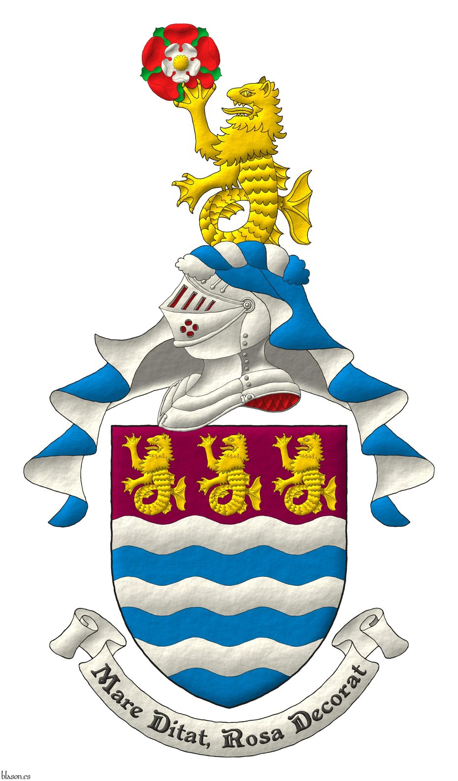 Barry wavy Argent and Azure; on a chief wavy Murrey, three sea-lions sejant-erect in fess Or. Crest: Upon a helm befitting his degree, with a wreath Argent and Azure, a sea-lion sejant-erect Or, holding in its dexter forepaw a Tudor rose, barbed and seeded proper. Motto: �Mare Ditat, Rosa Decorat�.