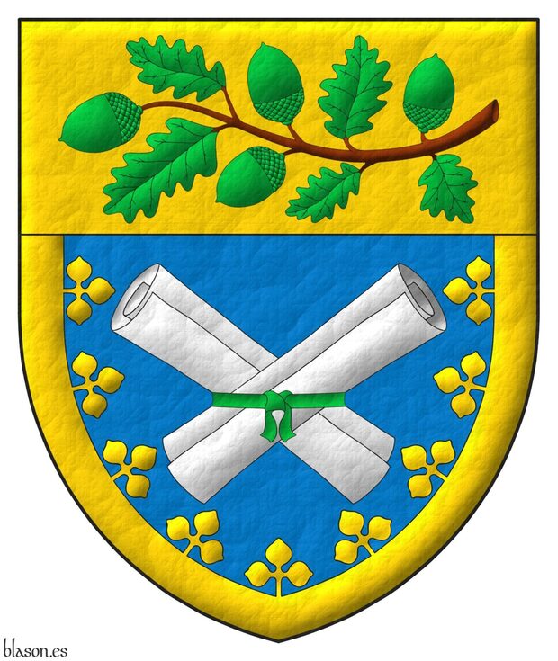 Azure, two rolled scrolls in saltire Argent, tied with a ribbon fesswise Vert; a bordure trefoiled Or; overall a chief Or charged with an oak branch leaved and fructed proper.