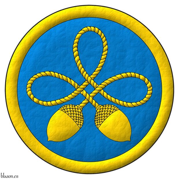 Azure, a Celtic trefoil knot with two acorns pendant from each end; a bordure Or.