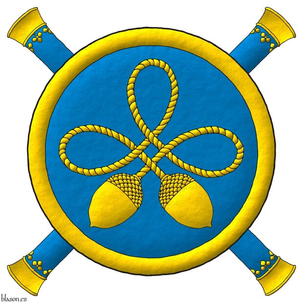 Azure, a Celtic trefoil knot with two acorns pendant from each end; a bordure Or. Behind the badge two batons of Herald in saltire Azure, tiped and trefoiled Or.