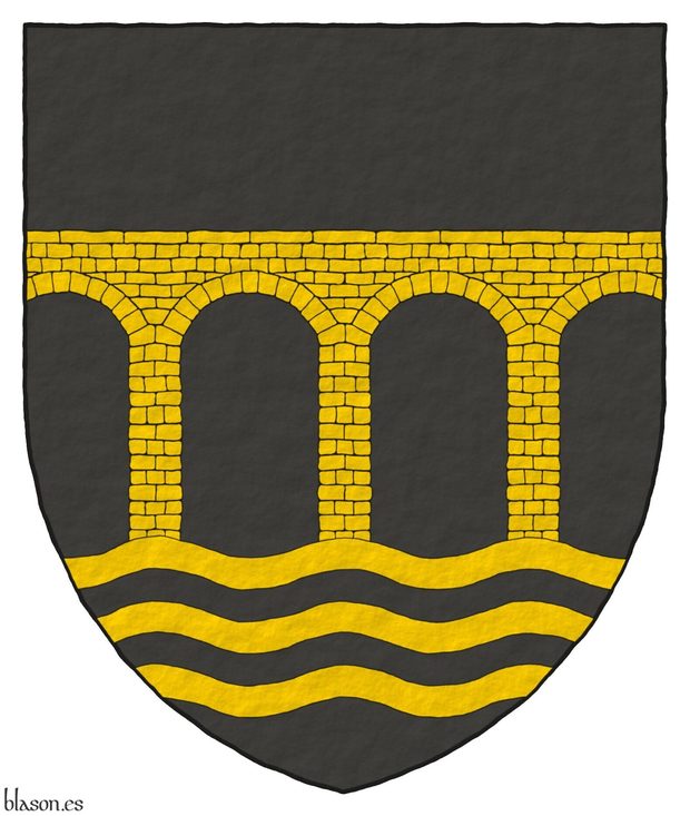 Sable, upon three bars wavy a four arch bridge Or, masoned Sable, throughout.