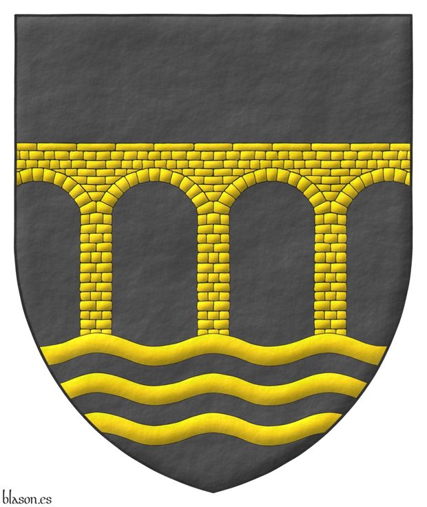 Sable, upon three bars wavy a four arch bridge Or, masoned Sable, throughout.