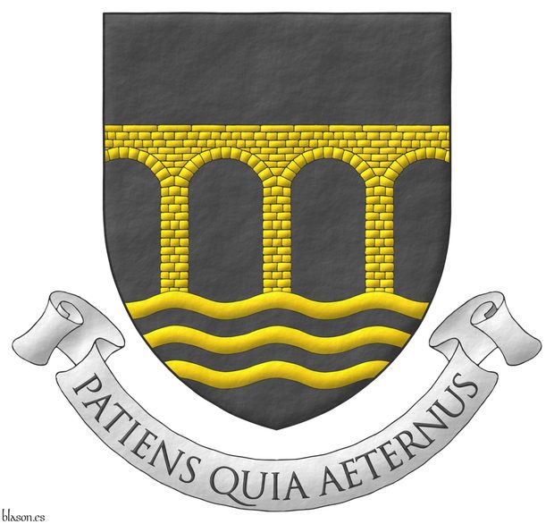 Sable, upon three bars wavy a four arch bridge Or, masoned Sable, throughout. Motto: Patiens Quia Aeternus.