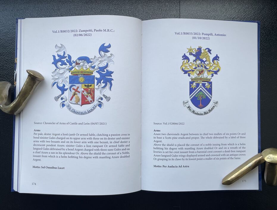 Double page spread 174-175 from the book with two coats of arms painted by me.
