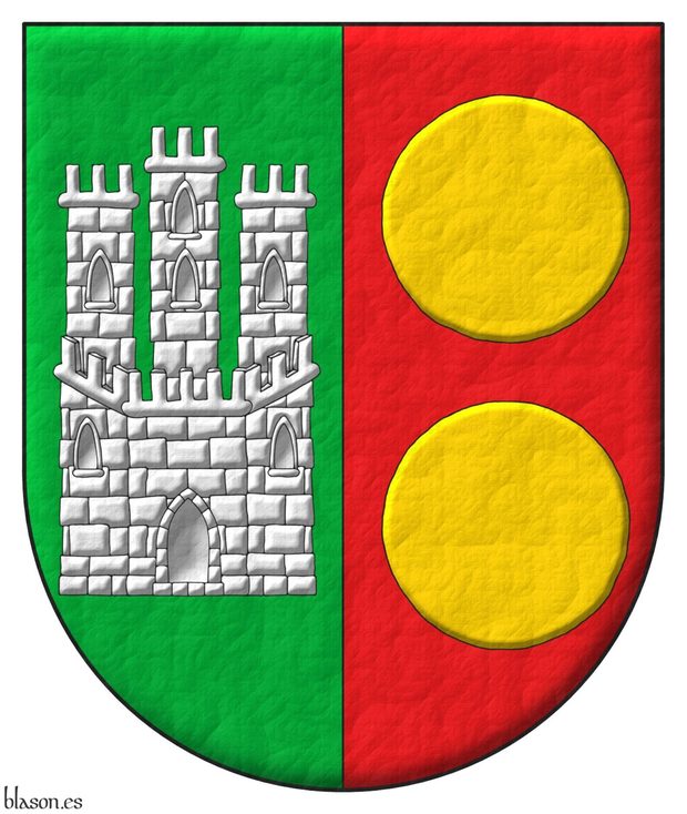 Escudo partido: 1o de sinople, un castillo de plata; 2 de gules, dos bezantes en palo de oro.