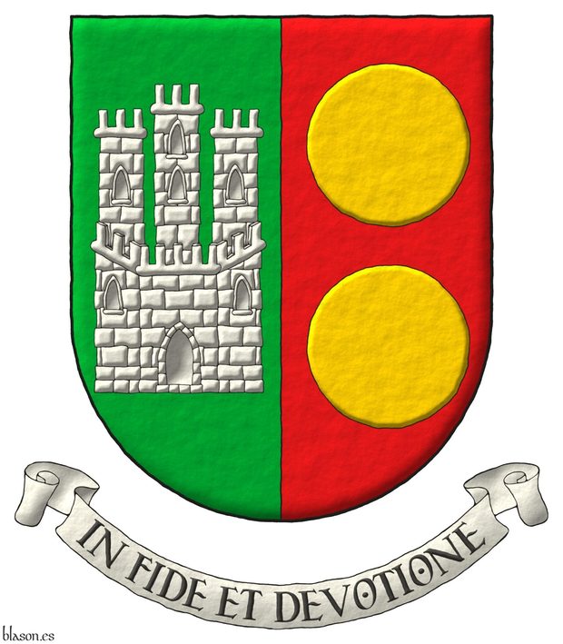 Escudo partido: 1o de sinople, un castillo de plata; 2 de gules, dos bezantes en palo de oro. Lema: In Fide et Devotione.