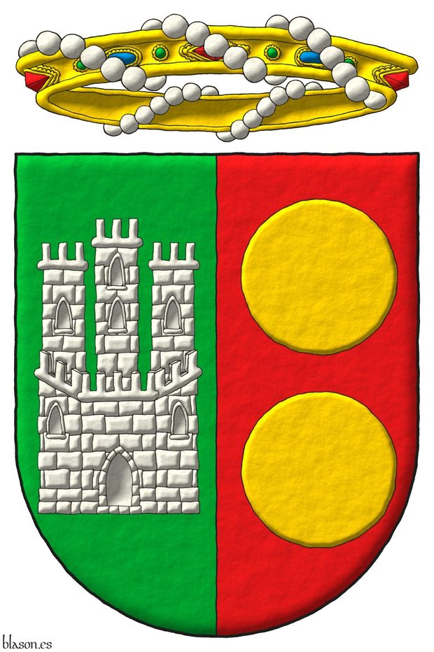 Party per pale: 1 Vert, a Castle triple-towered Argent; 2 Gules, two bezants in pale Or. For crest a crown of baroness.