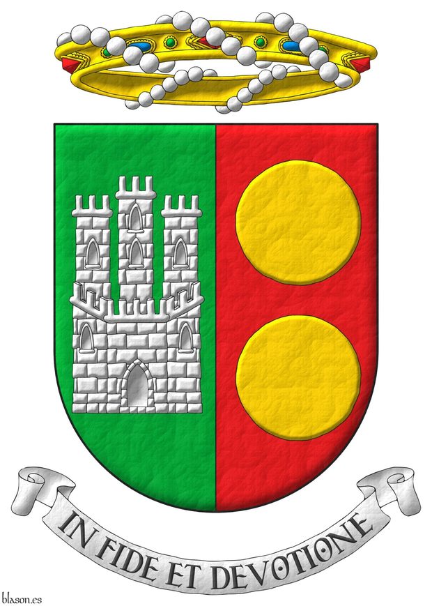 Escudo partido: 1o de sinople, un castillo de plata; 2 de gules, dos bezantes en palo de oro. Timbrado de una corona de baronesa. Lema: In Fide et Devotione.