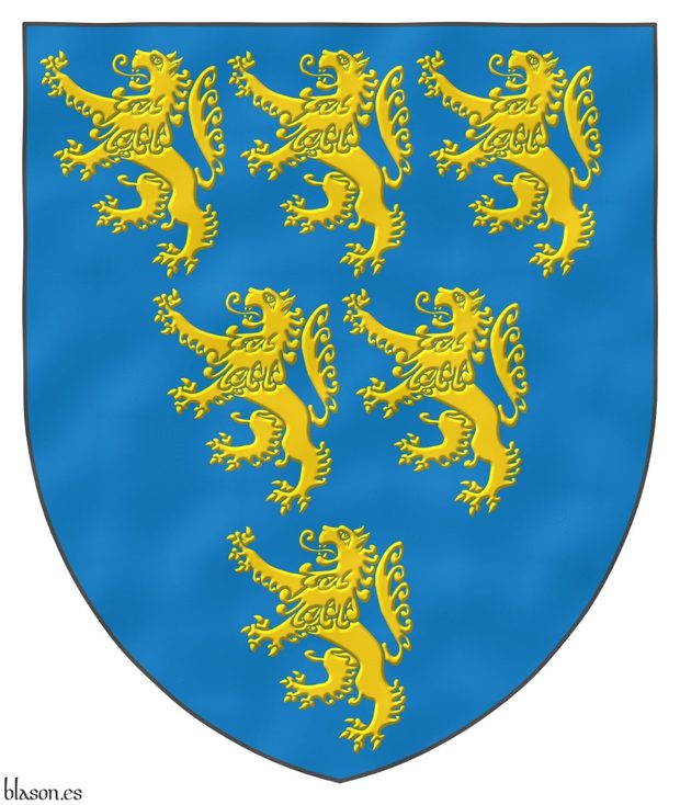 Azure, six lions rampant Or, 3, 2 and 1.