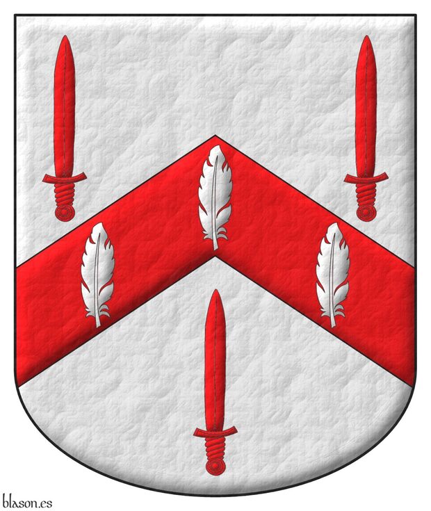 Escudo de plata, un cabrio de gules cargado d tres plumas de plata, acompaado de tres espadas de gules, alzadas, 2 y 1.