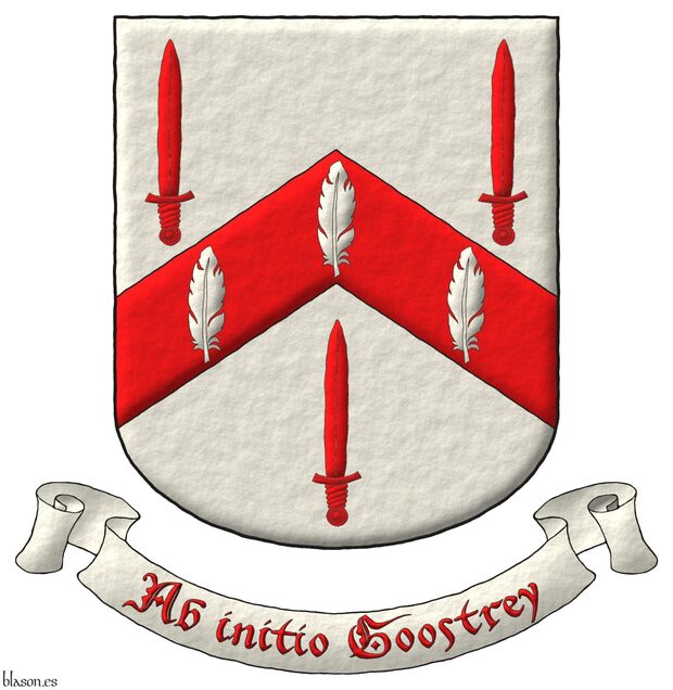 Escudo de plata, un cabrio de gules cargado de tres plumas de plata, acompañado de tres espadas alzadas de gules, 2 y 1. Mote: «Ab Initio Goostrey».