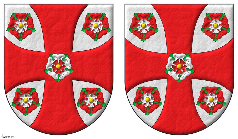 Escudo de plata, una cruz patada de gules cargada de una rosa doble de plata y gules, barbada de sinople y botonada de oro, acompaada de cuatro rosas dobles de gules y plata, barbadas de sinople y botonadas de oro.