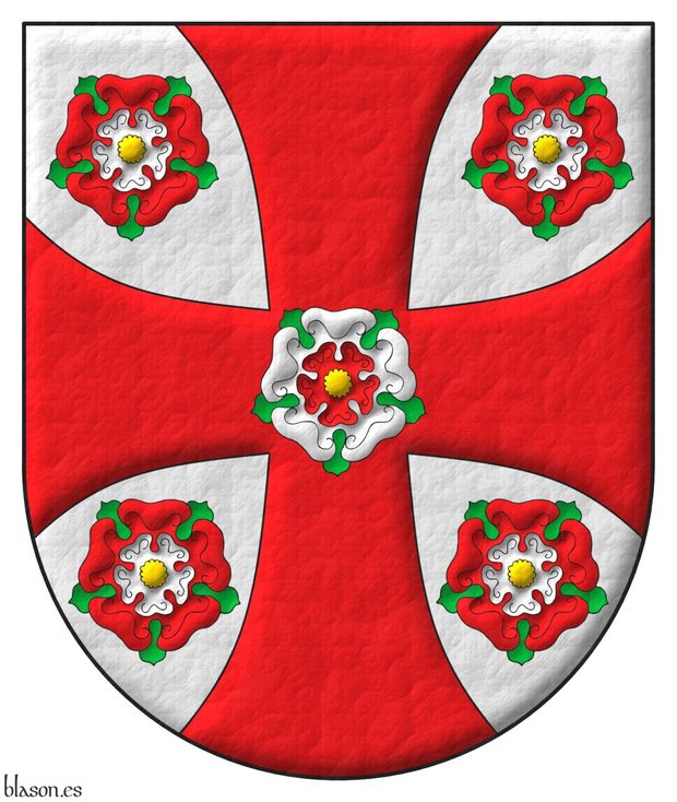 Escudo de plata, una cruz patada de gules cargada de una rosa doble de plata y gules, barbada de sinople y botonada de oro, acompaada de cuatro rosas dobles de gules y plata, barbadas de sinople y botonadas de oro.