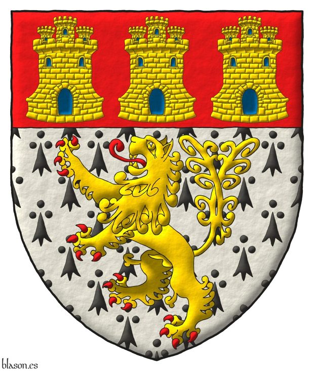 Escudo de armios, un len rampante de cola horquillada de oro, armado y lampasado de gules; un jefe de gules, tres castillos de oro, aclarados de azur, mazonados de sable.