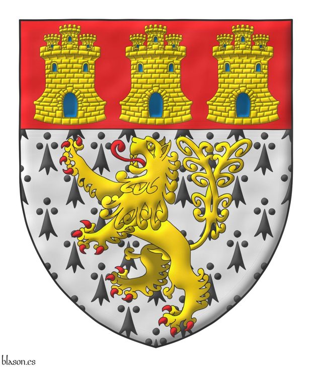 Ermine, a lion rampant double queued Or, armed and langued Gules; a chief Gules, three castles triple-towered Or, port and windows Azure, masoned Sable.