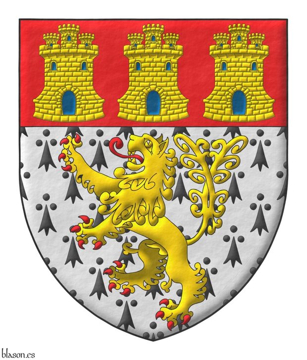 Escudo de armios, un len rampante de cola horquillada de oro, armado y lampasado de gules; un jefe de gules, tres castillos de oro, aclarados de azur, mazonados de sable.