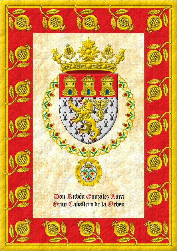 Ermine, a lion rampant double queued Or, armed and langued Gules; a chief Gules, three castles triple-towered Or, port and windows Azure, masoned Sable. Crest: A crown of the Sovereign and Most Noble Order of the Pomegranate. The shield is surrounded by the Grand Collar of the Sovereign and Most Noble Order of the Pomegranate.
