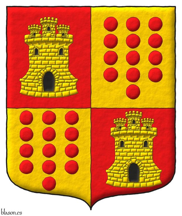 Escudo cuartelado: 1o y 4o de gules, un castillo de oro, aclarado y mazonado de sable; 2o y 3o de oro, trece roeles de gules, cuatro, cinco y cuatro.