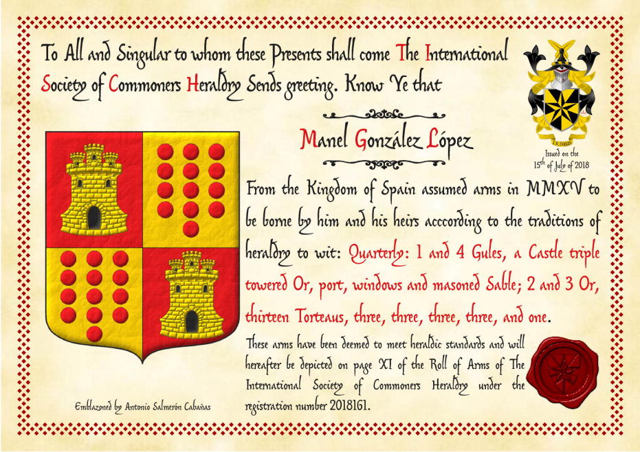 Escudo cuartelado: 1o y 4o de gules, un castillo de oro, aclarado y mazonado de sable; 2o y 3o de oro, trece roeles de gules, cuatro, cinco y cuatro.