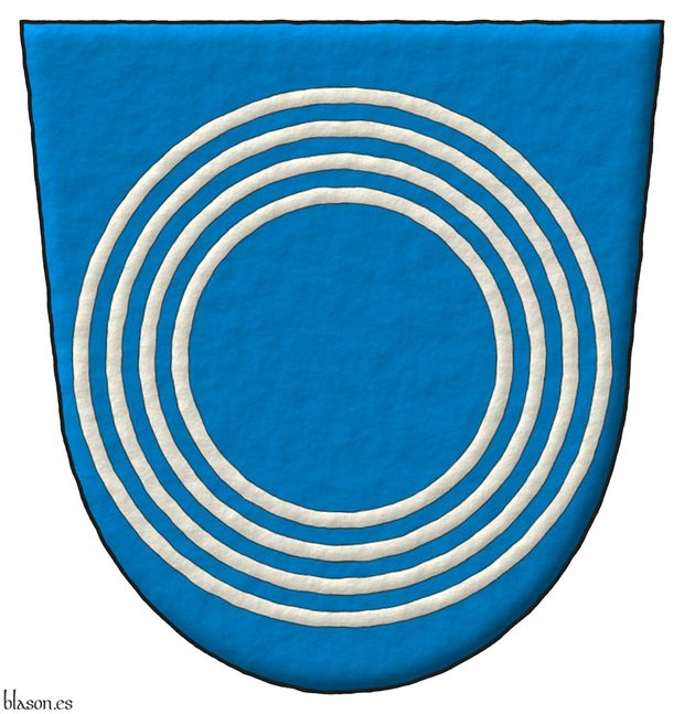Azure, four concentric annulets Argent.