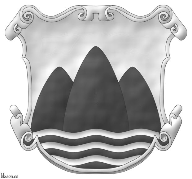 Gozo Argent, upon a base barry wavy of six Argent and Sable, a trimount Sable.