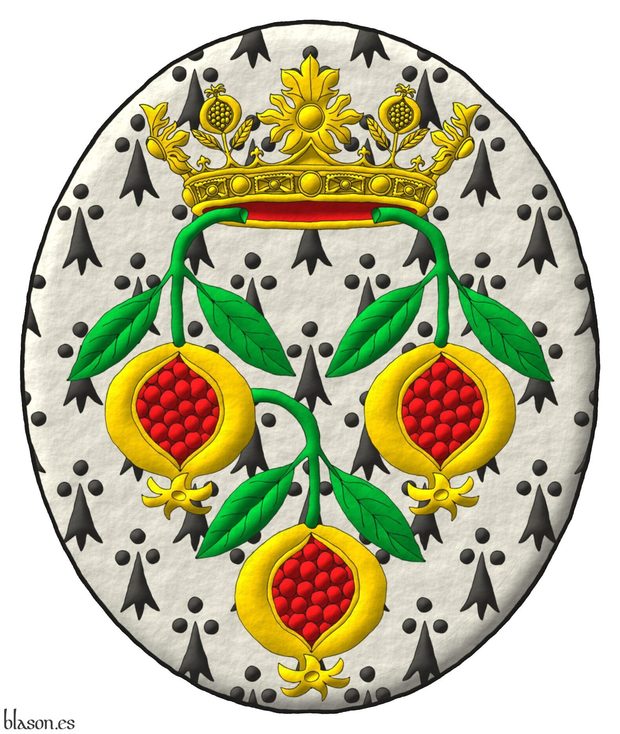 Escudo de armios, tres granadas ranversadas de oro, rajada de gules, talladas y hojadas de sinople, sumadas de una corona abierta, alternando cuatro rosetas de hojas de acanto, visibles tres, y cuatro granadas, visibles dos, todas de oro, forrada de gules.