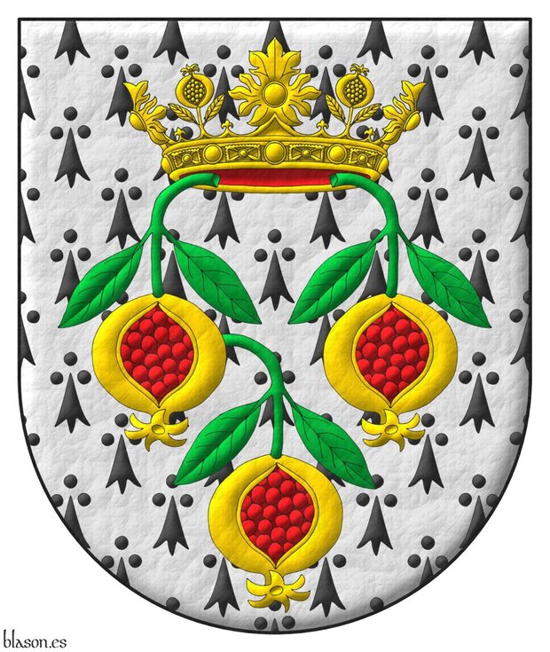 Escudo de armios, tres granadas ranversadas de oro, rajada de gules, talladas y hojadas de sinople, sumadas de una corona abierta, alternando cuatro rosetas de hojas de acanto, visibles tres, y cuatro granadas, visibles dos, todas de oro, forrada de gules.