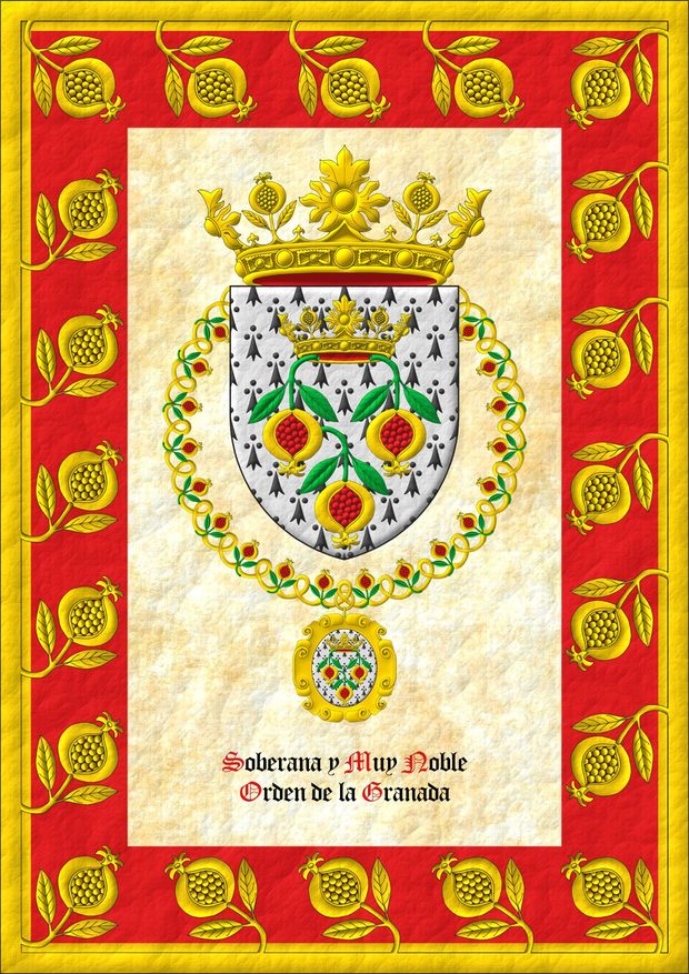 Ermine, three pomegranates inverted Or, seeded Gules, slipped and leaved Vert, ensigned with an open crown, alternating four rosettes of acanthus leaves, visible three, and four pomegranates Or, visible two, lined Gules. Crest: A crown of the Sovereign and Most Noble Order of the Pomegranate. The shield is surrounded by the Grand Collar of the Sovereign and Most Noble Order of the Pomegranate.