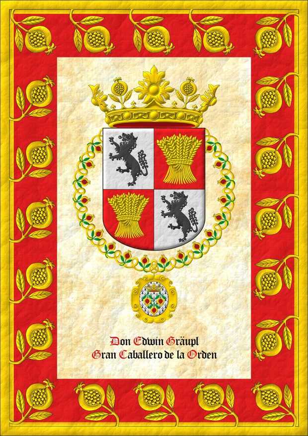 Escudo cuartelado: 1o y 4o de plata, un lobo rampante de sable; 2o y 3o de gules, una gavilla de oro. Timbrado de una corona de la Soberana y Muy Noble Orden de la Granada. El escudo est rodeado del Gran Collar de la Soberana y Muy Noble Orden de la Granada.