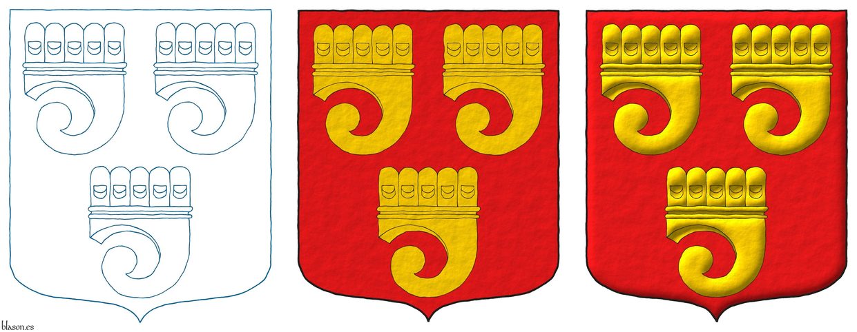 Escudo de gules, tres clariones de oro.