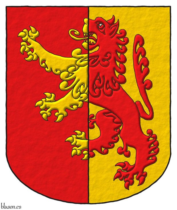 Escudo partido de gules y oro, un len rampante del uno al otro.