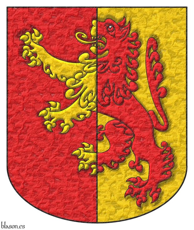 Escudo partido de gules y oro, un len rampante del uno al otro.