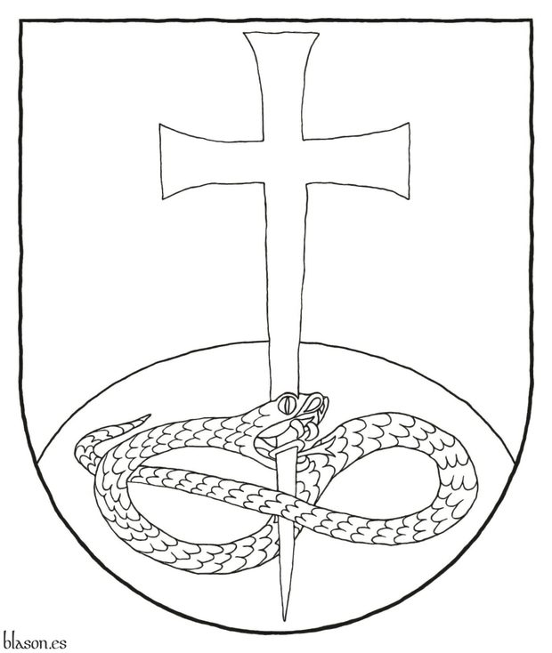 Escudo de gules, un monte de sinople moviente de la punta, brochante sobre el todo una cruz latina patada y fijada de oro, perforando la cabeza de una sierpe nudada y alterada de sable, lampasada de gules.