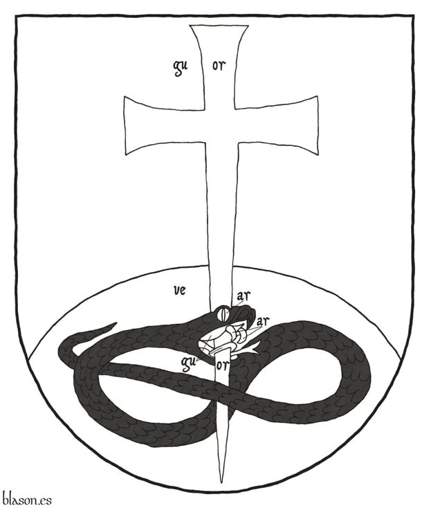 Gules, a base enarched Vert, overall a Latin cross patty fitchy Or, piercing in base the head of a serpent nowed and facing sinister Sable, langued Gules.
