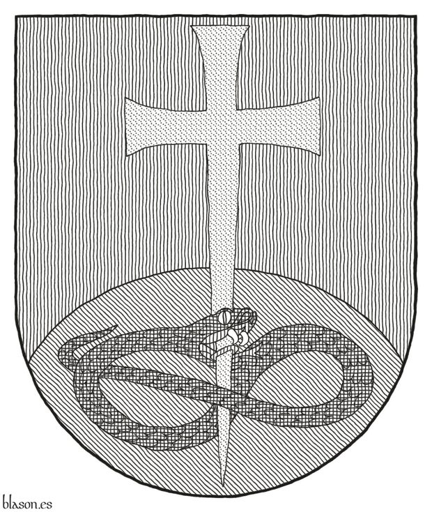 Gules, a base enarched Vert, overall a Latin cross patty fitchy Or, piercing in base the head of a serpent nowed and facing sinister Sable, langued Gules.