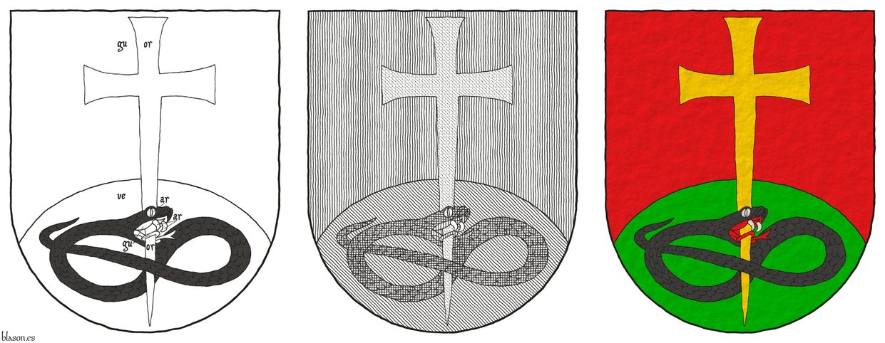 Gules, a base enarched Vert, overall a Latin cross patty fitchy Or, piercing in base the head of a serpent nowed and facing sinister Sable, langued Gules.