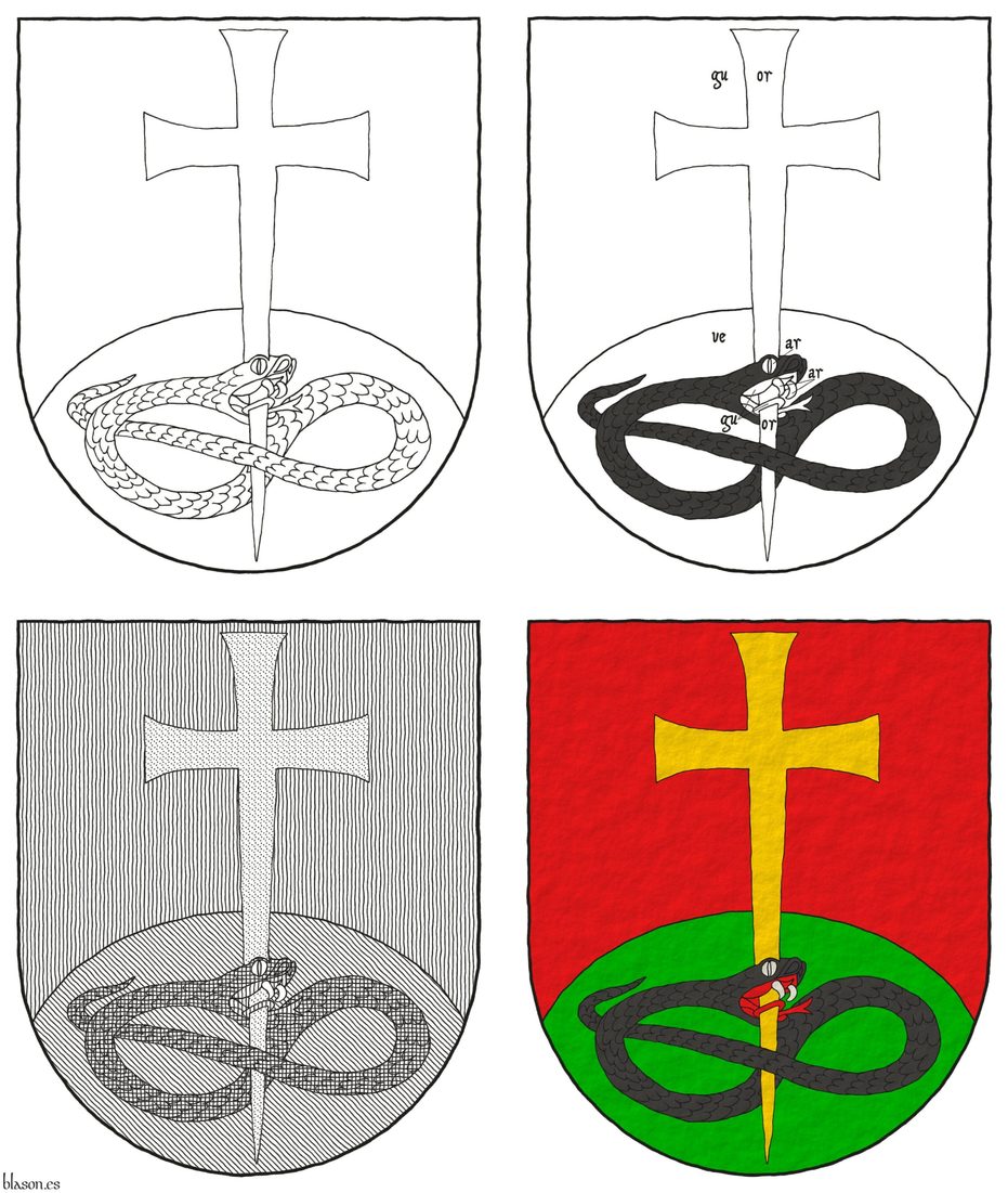 Gules, a base enarched Vert, overall a Latin cross patty fitchy Or, piercing in base the head of a serpent nowed and facing sinister Sable, langued Gules.