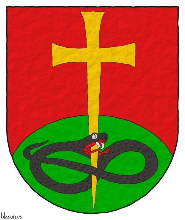 Gules, a base enarched Vert, overall a Latin cross patty fitchy Or, piercing in base the head of a serpent nowed and facing sinister Sable, langued Gules.