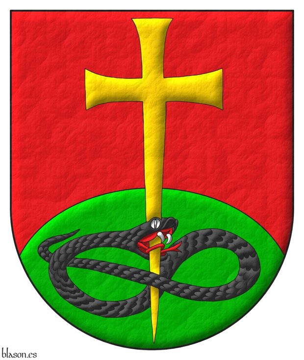 Escudo de gules, un monte de sinople moviente de la punta, brochante sobre el todo una cruz patada y fijada de oro, perforando la cabeza de una sierpe nudada y alterada de sable, lampasada de Gules